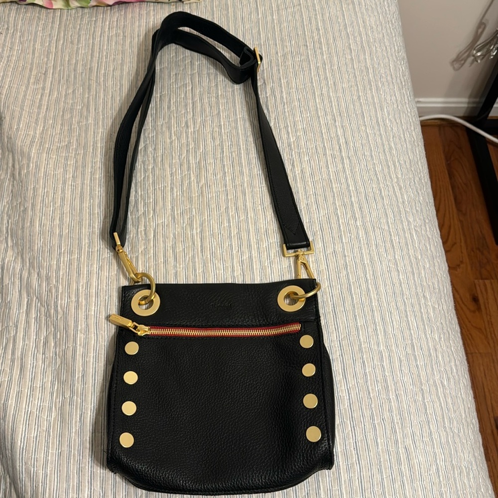 Hammitt Tony sml black brushed gold red zip cross body bag
